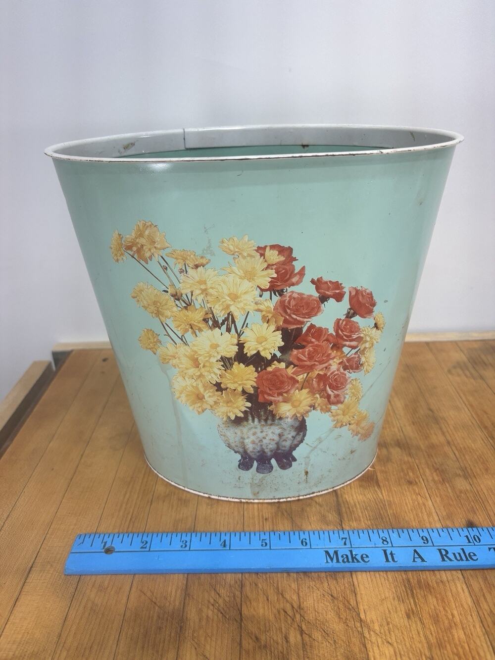 Vintage Aqua Floral Metal Wastebasket Trash Can Cottagecore Roses Daisy Decor
